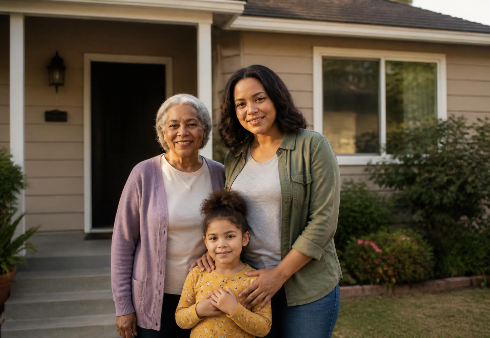 Three generations of a family standing together on the front steps of their home